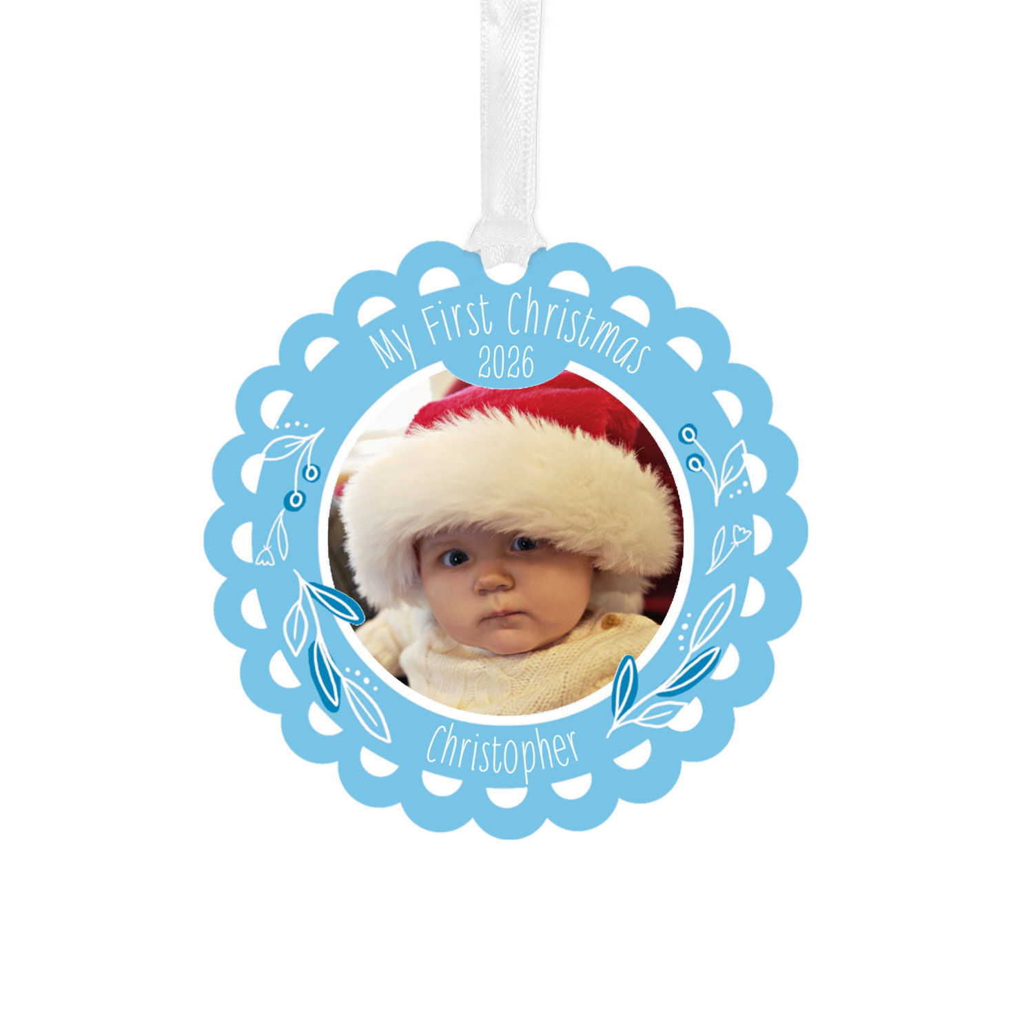 Baby's First Christmas Blue Scalloped Metal Personalized Ornament, Custom Photo and Text