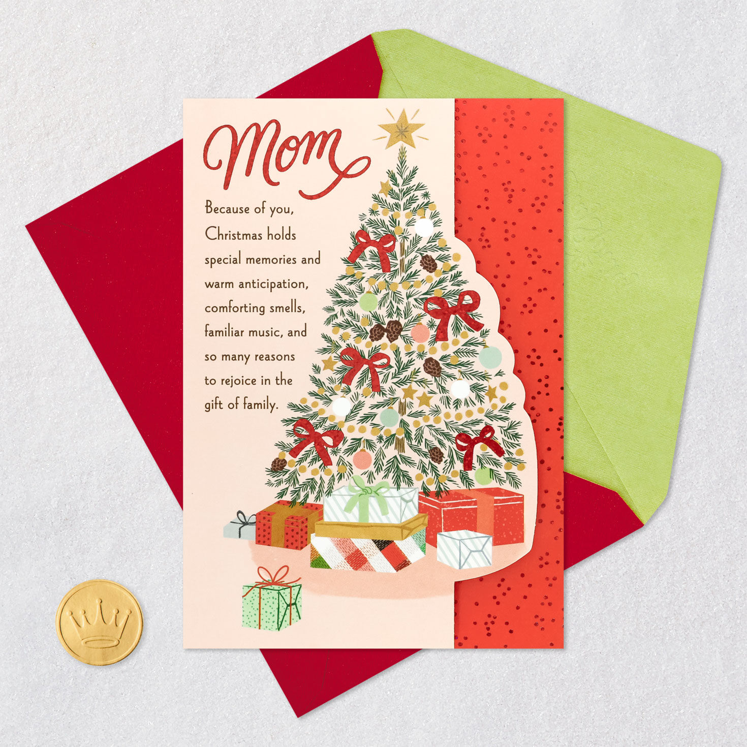 Christmas Tree and Presents Mom Christmas Card Card Front with Envelope and Gold Seal image number 7