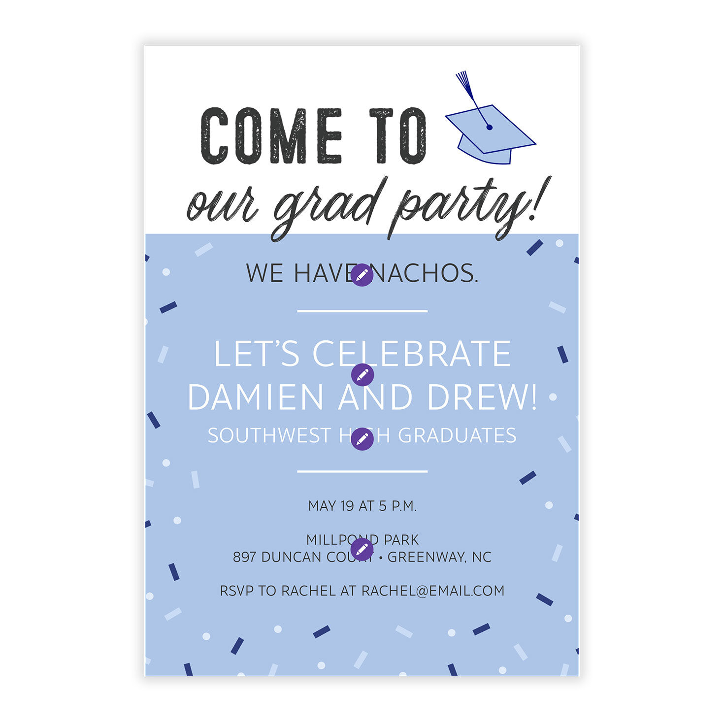 Blue and White Confetti Grad Party Invitation Card Front indicating personalization image number 5