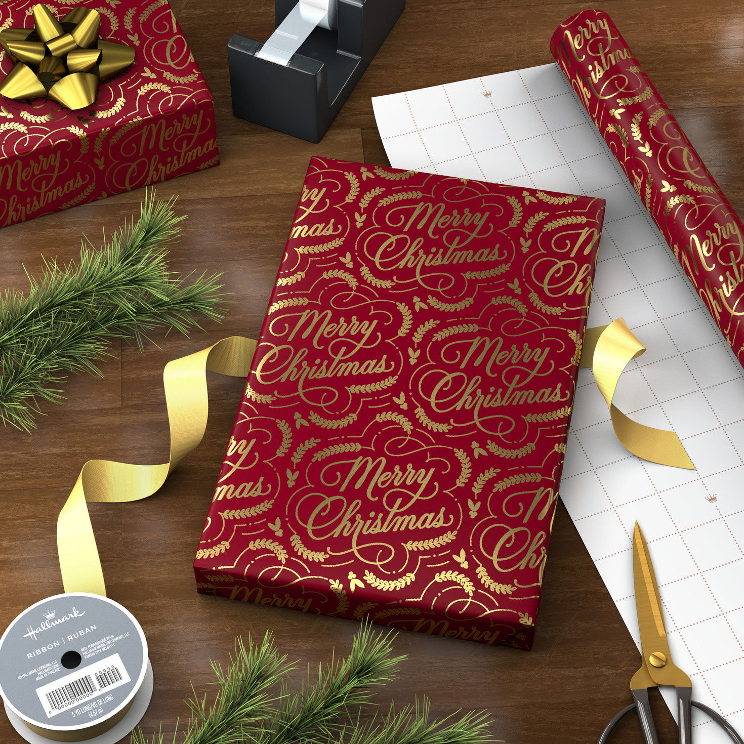 Merry Christmas on Metallic Burgundy Gift Wrap Wrapped package image number 4