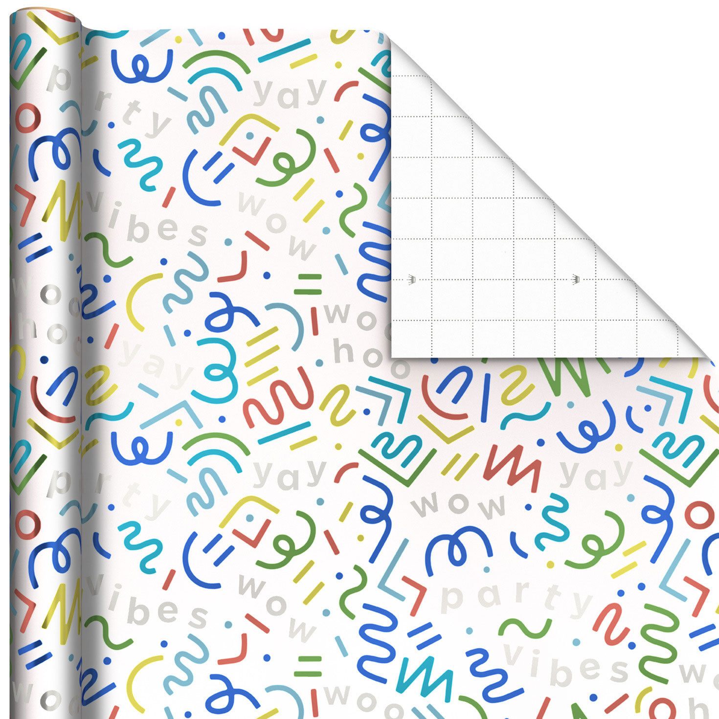 Party Streamers and Squiggles on White Metallic Wrapping Paper Roll, 17.5 sq. ft.