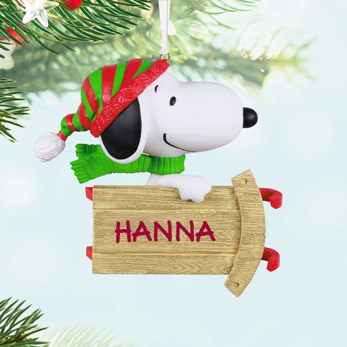 Peanuts Snoopy With Sled Personalized Keepsake Ornament hanging on tree image number 3