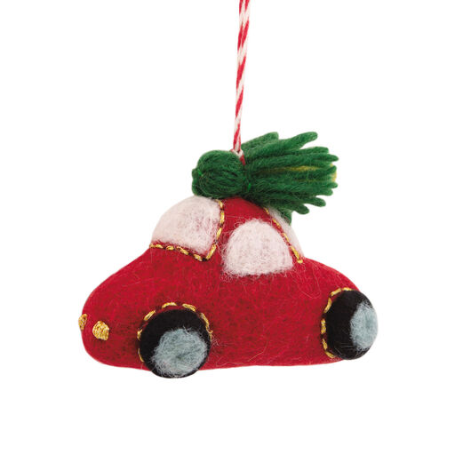 Red Car and Tree Felt Fabric Hallmark Ornament, 