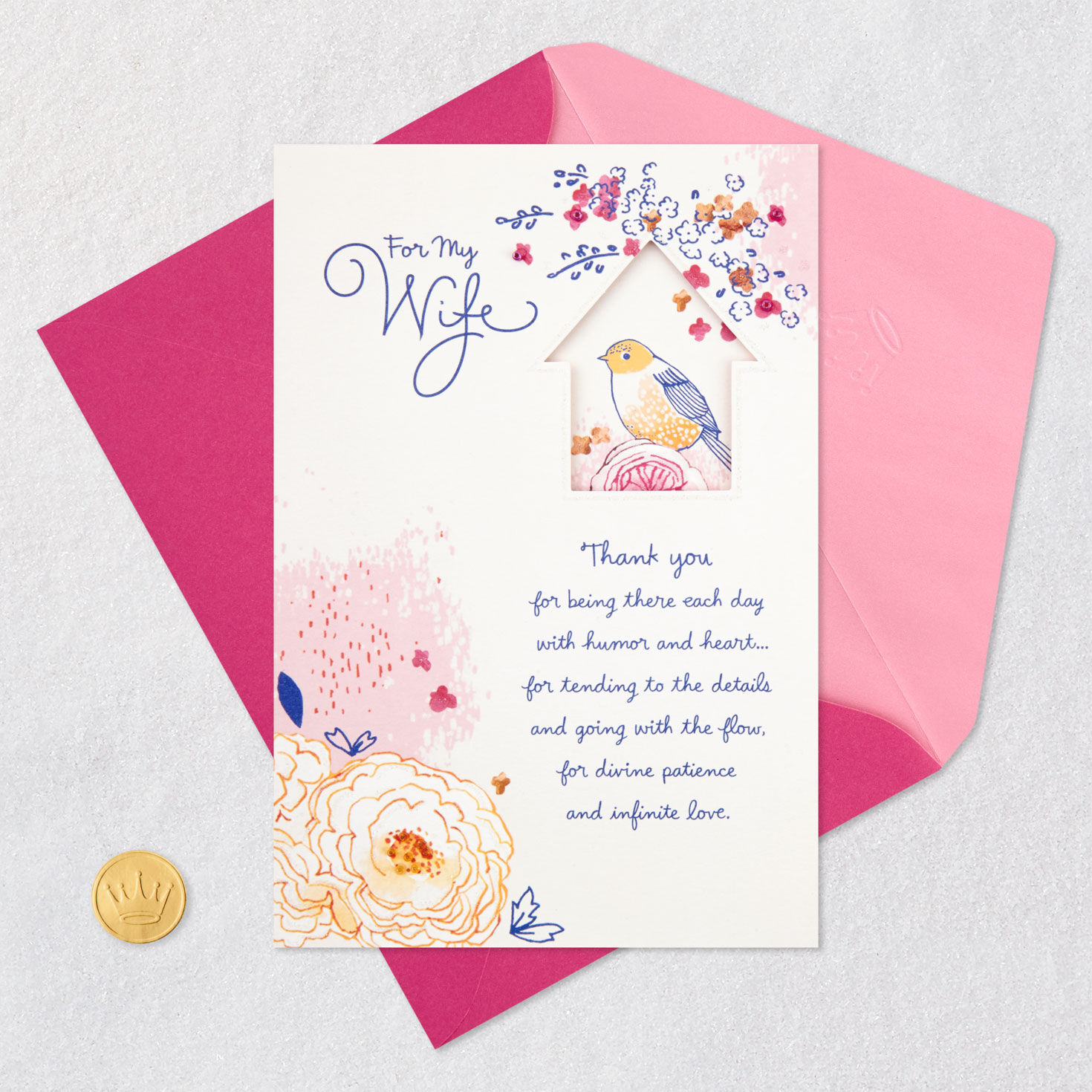 Bird Flowers Mother's Day Card Wife Card Front with Envelope and Gold Seal image number 7