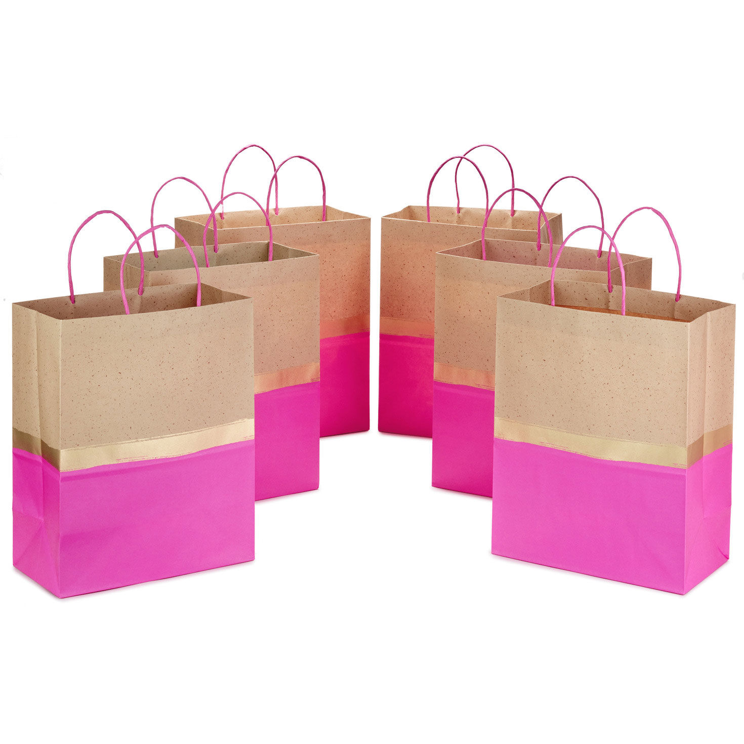 13" Hot Pink and Kraft Paper 6-Pack Large Gift Bag Bundle