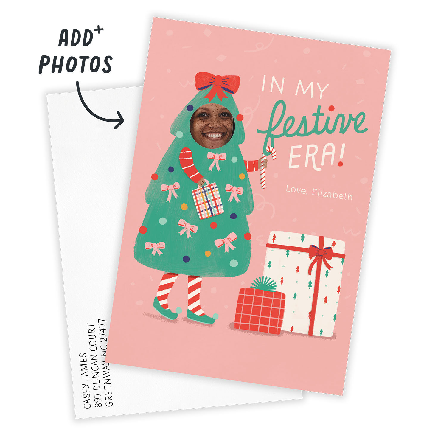 Christmas Tree Person Personalized Photo Card Card Front indicating personalization image number 2
