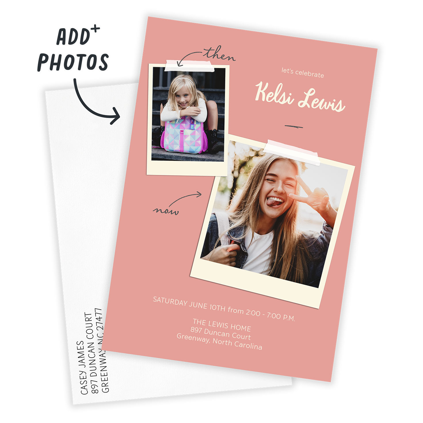 Two Polaroid Photos on Purple Grad Party Invitation Card Front indicating personalization image number 2