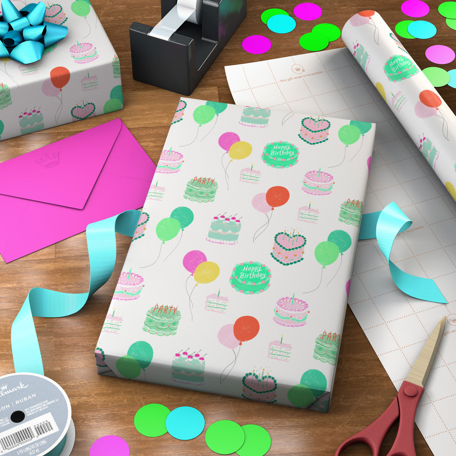 Colorful Birthday Cakes on White Wrapping Paper Roll, 20 sq. ft., , large image number 3