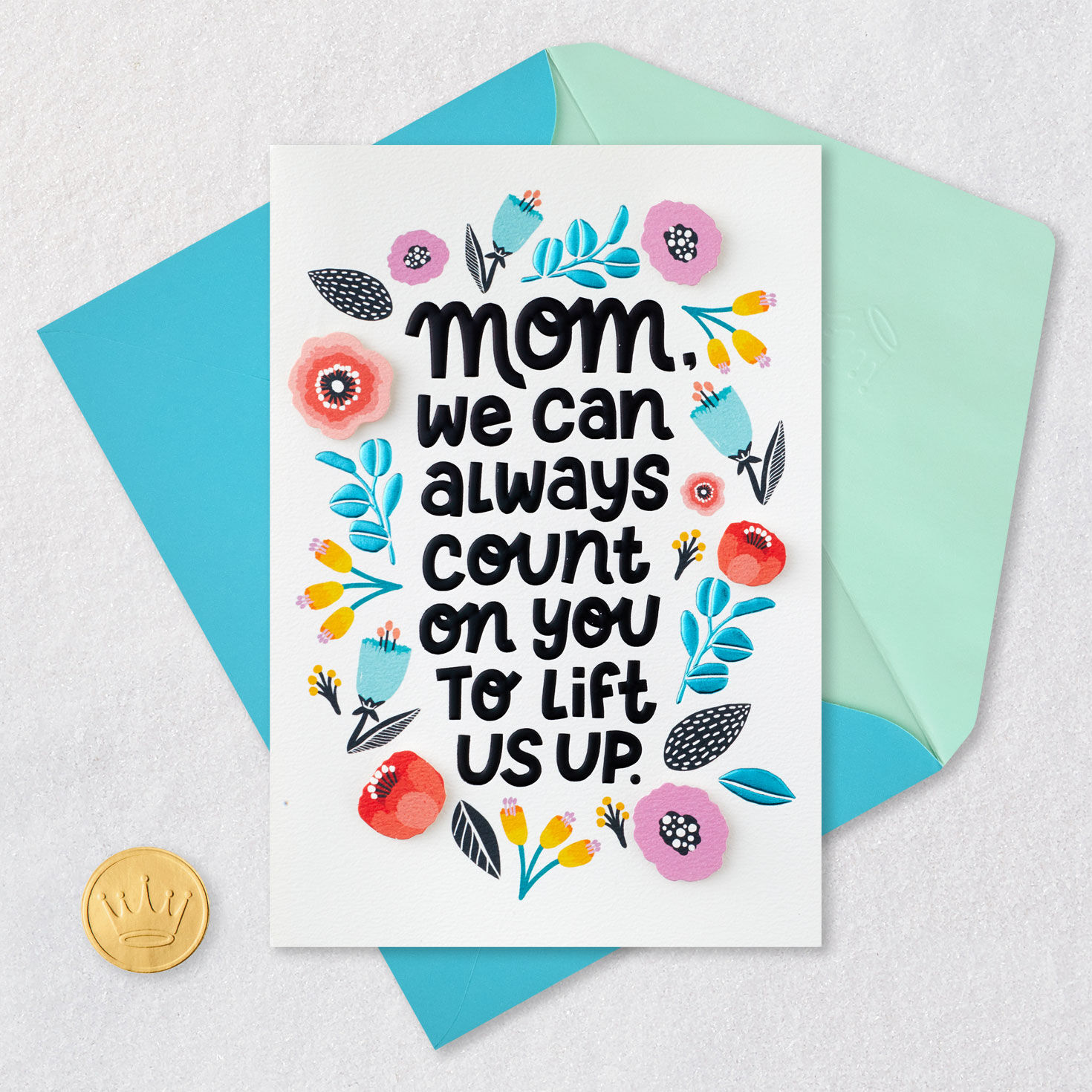 Flowers Mom Mother's Day Card From All of Us Card Front with Envelope and Gold Seal image number 5