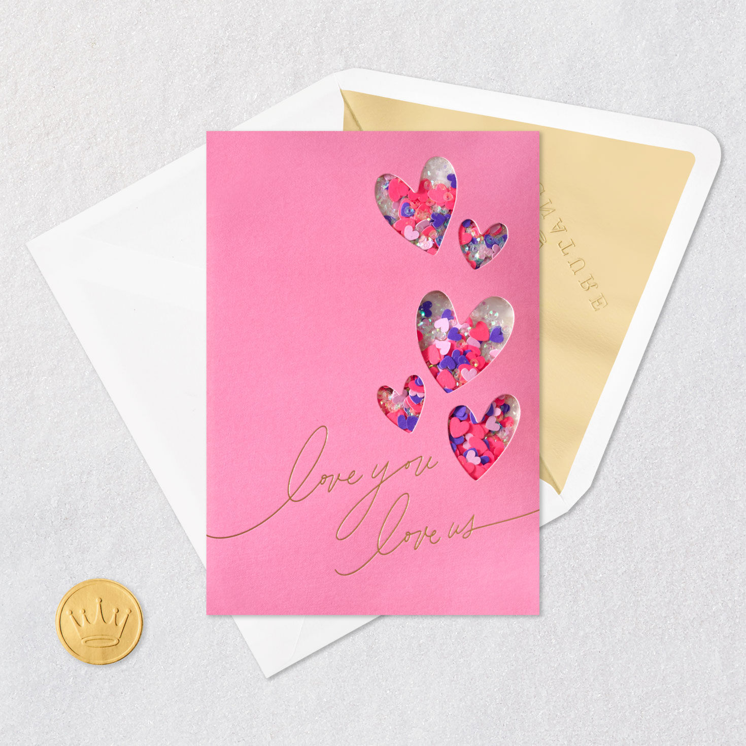 Confetti Hearts on Pink Valentine's Day Card Card Front with Envelope and Gold Seal image number 6