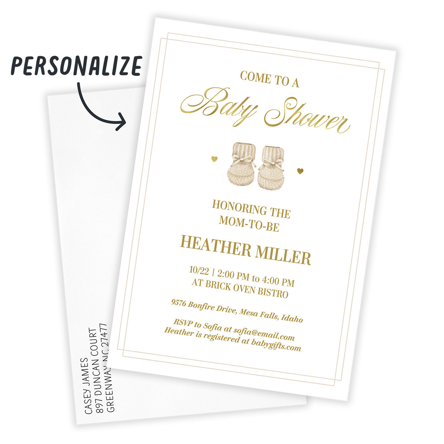 Gold Baby Booties Personalized Baby Shower Invite Card front with Envelope indicating personalization image number 2