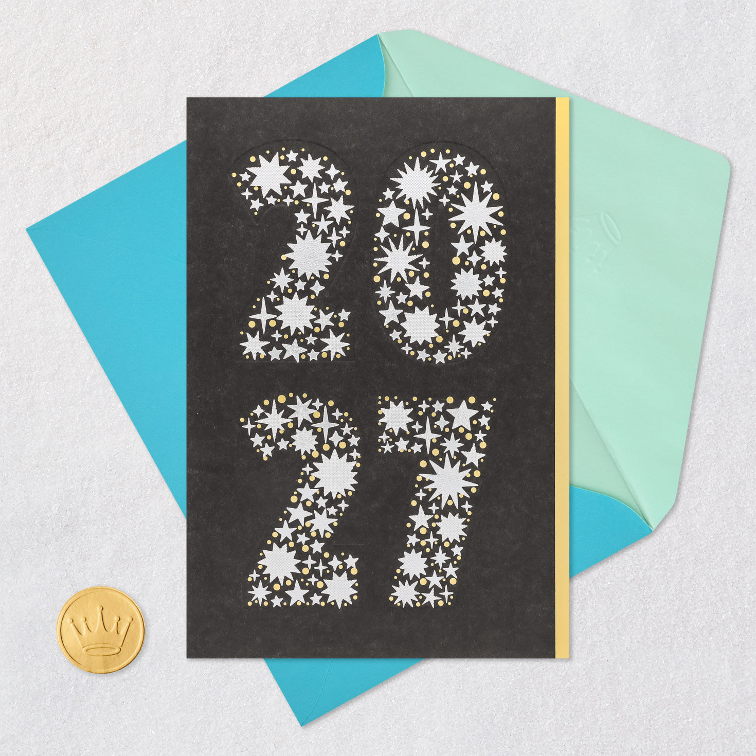 Silver and Gold Stars 2027 New Year's Card Card Front with Envelope and Gold Seal image number 5