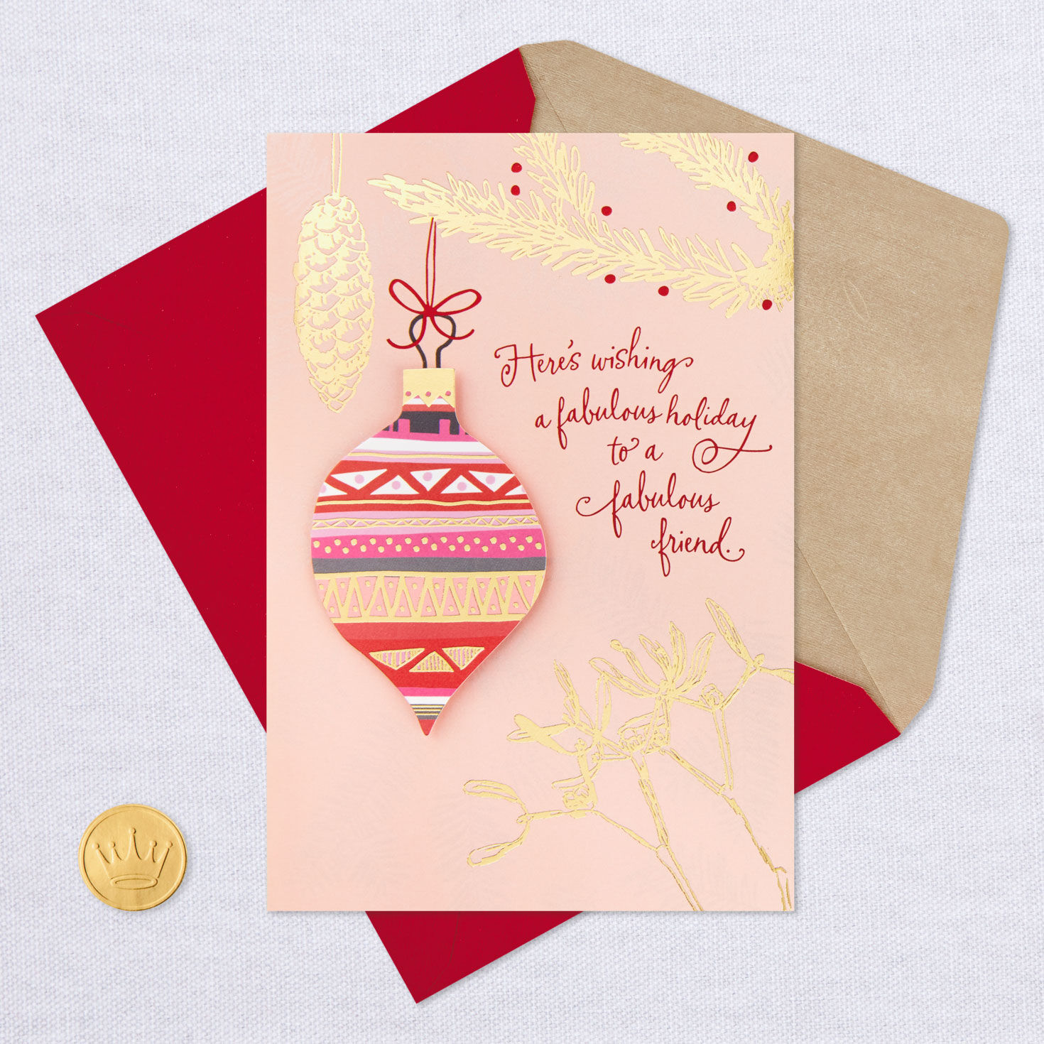 Pink Holiday Ornament Fabulous Friend Christmas Card Card Front with Envelope and Gold Seal image number 5