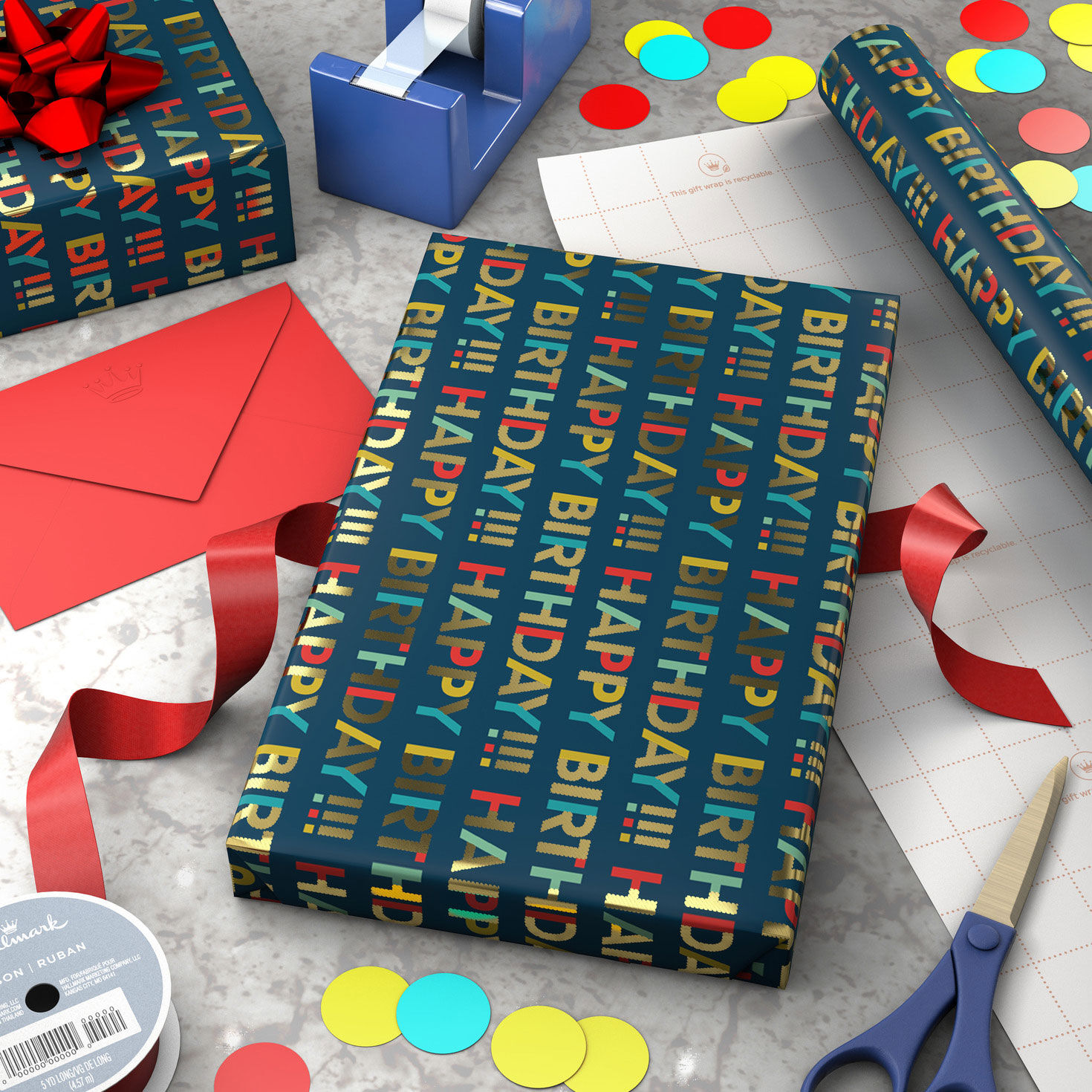 All-Caps Happy Birthday on Navy Wrapping Paper Roll, 20 sq. ft., , large image number 3
