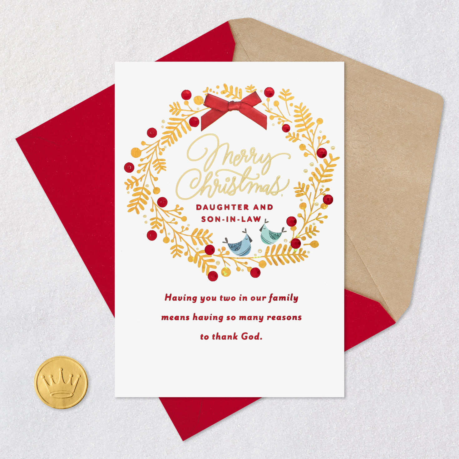 Wreath Daughter and Spouse Religious Christmas Card Card Front with Envelope and Gold Seal image number 6