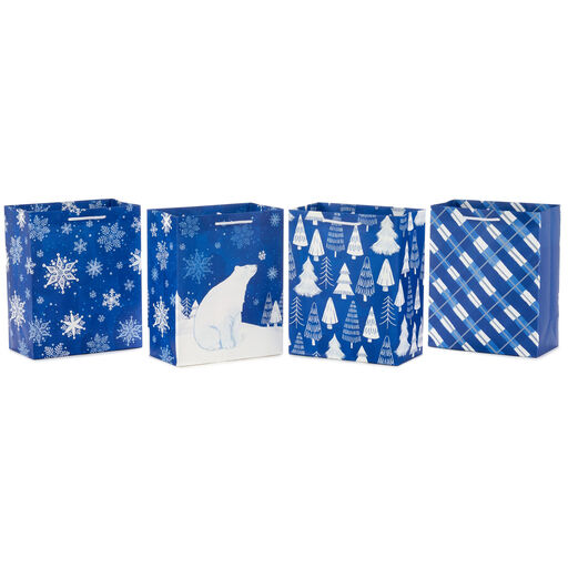 9.6" Medium Blue and White Winter Gift Bags 4-Pack Assortment, 