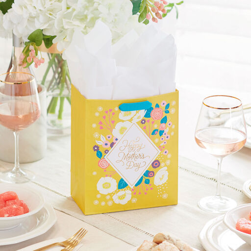 9.6" Yellow Floral Medium Mother's Day Gift Bag With Tissue, 