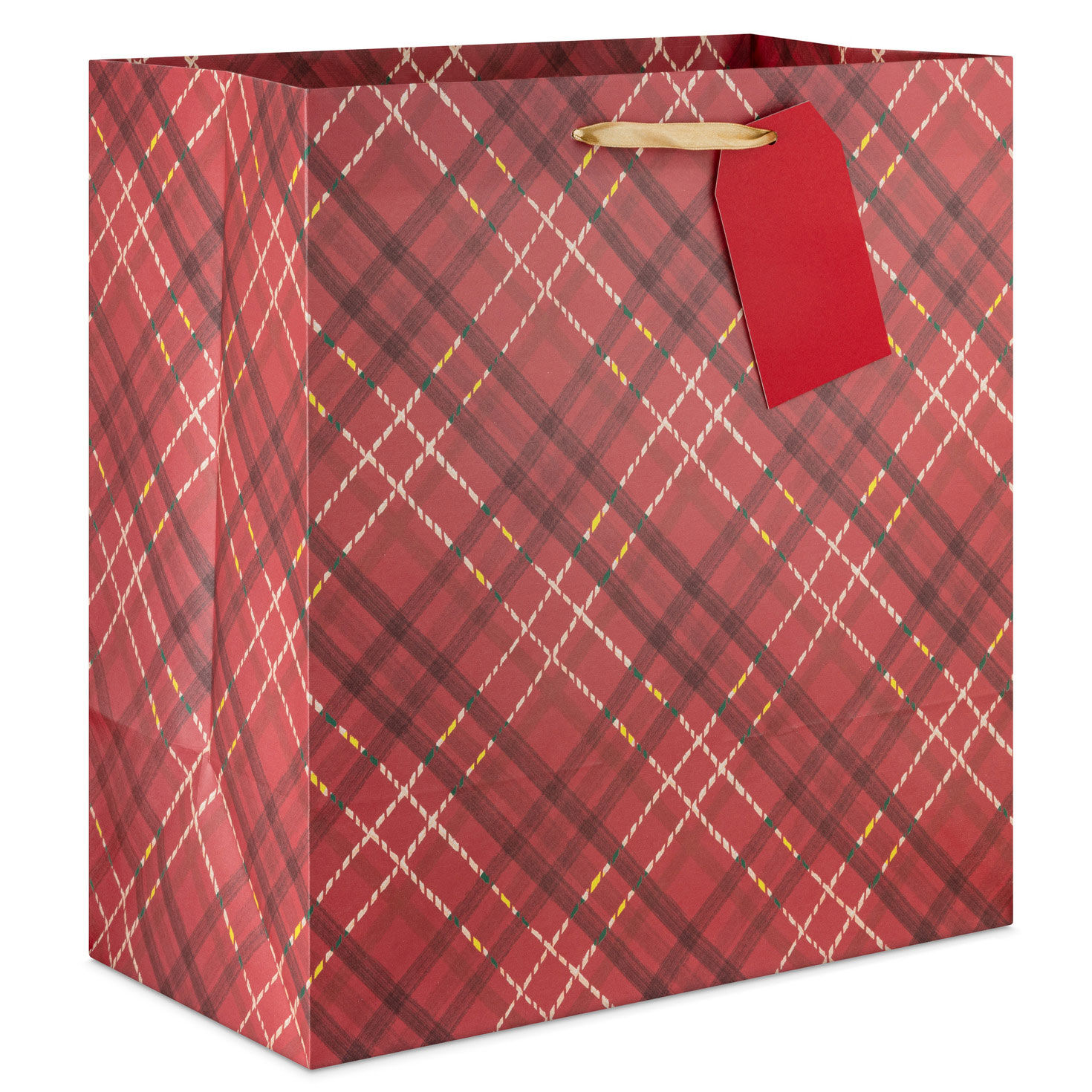15" Dark Red Plaid Extra-Deep Holiday Gift Bag