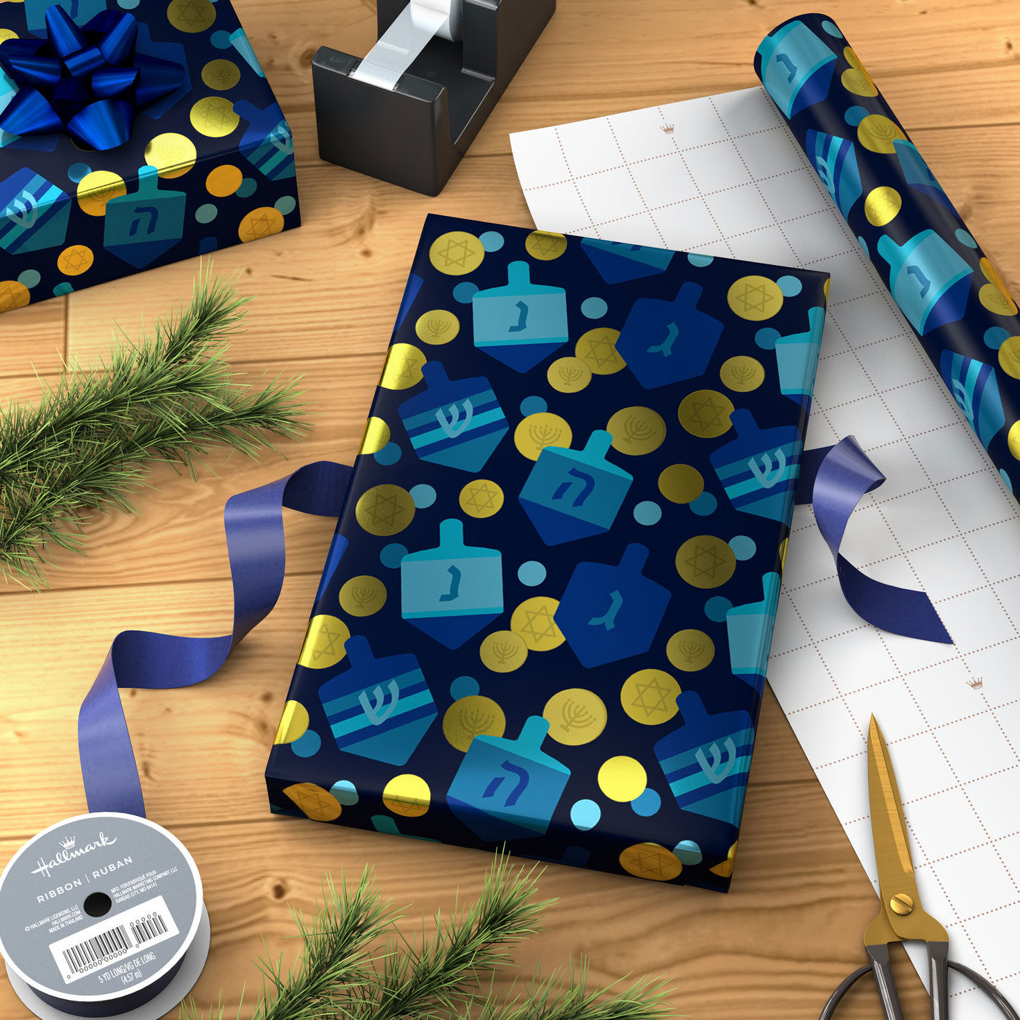 Dreidels and Gelt on Metallic Navy Hanukkah Wrapping Paper Roll, 22.5 sq. ft., , large image number 3
