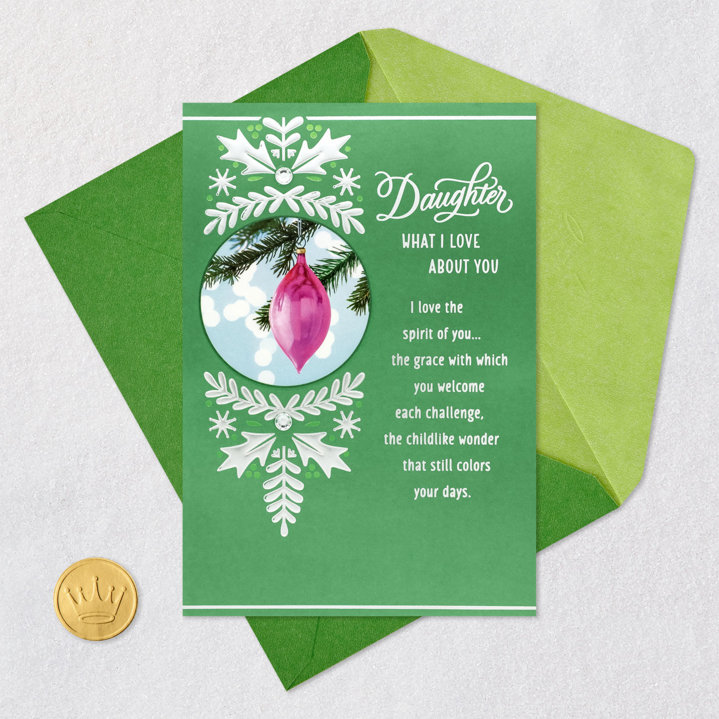 Pink Ornament on Green Christmas Card for Daughter Card Front with Envelope and Gold Seal image number 6