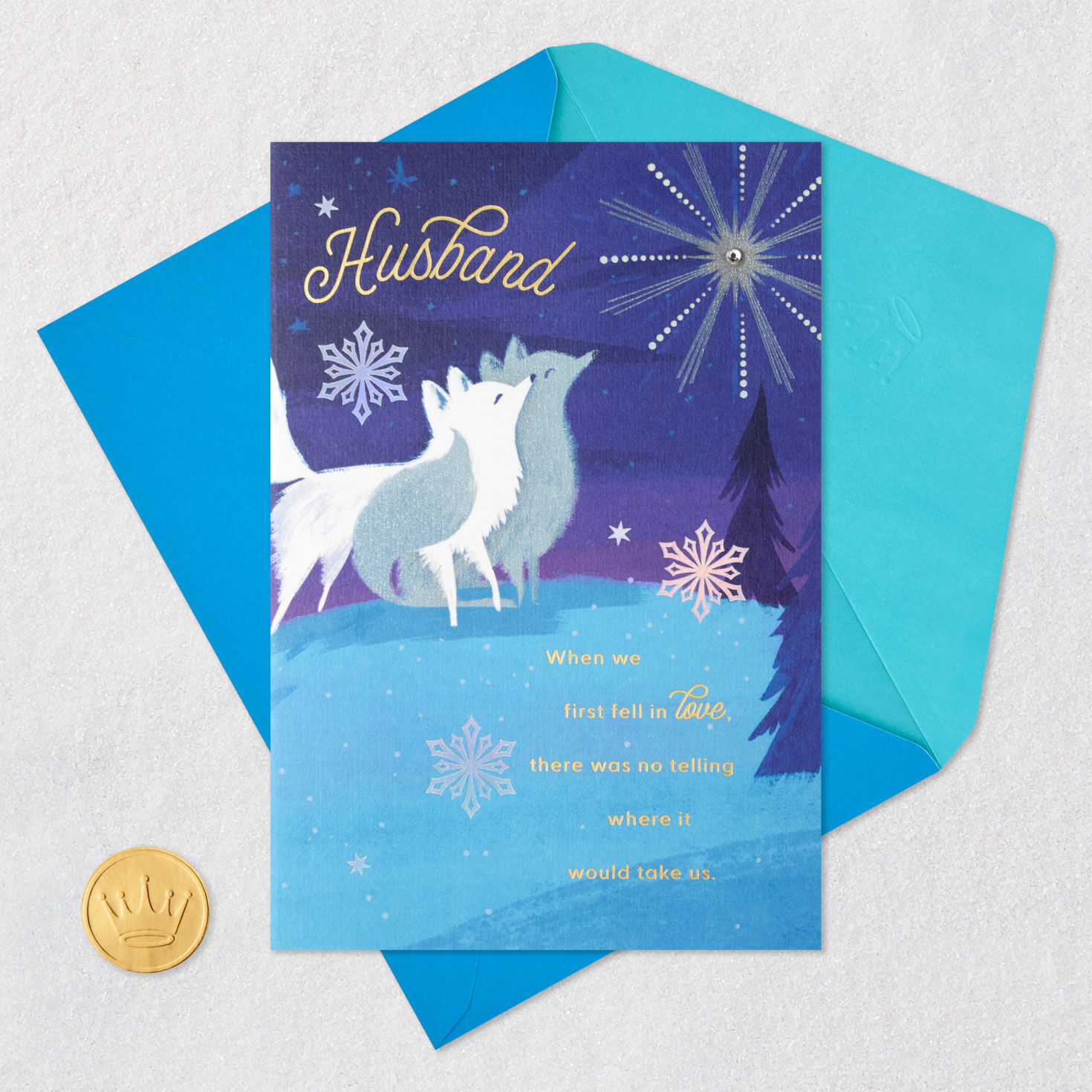 Foxes Under Star Husband Christmas Card Card Front with Envelope and Gold Seal image number 7