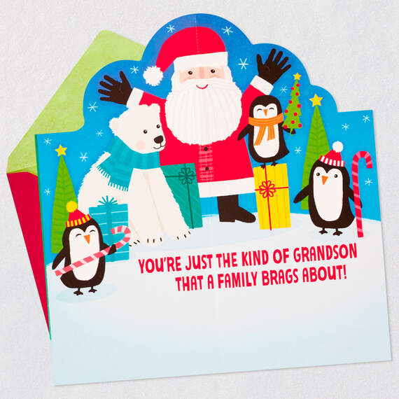 Santa and Penguin Pop-Up Christmas Card for Grandson, , large image number 3