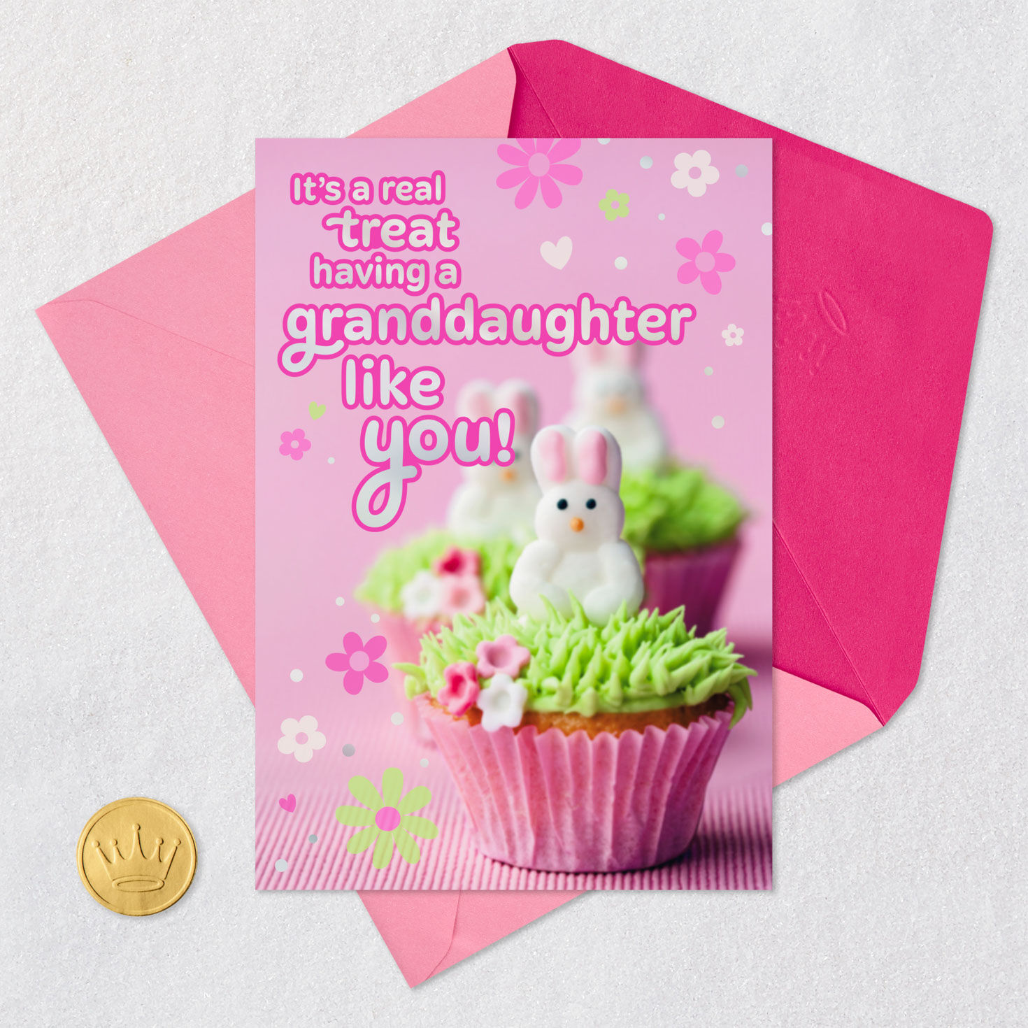 Bunny Cupcake on Pink Easter Card for Granddaughter Card with envelope and Seal image number 5