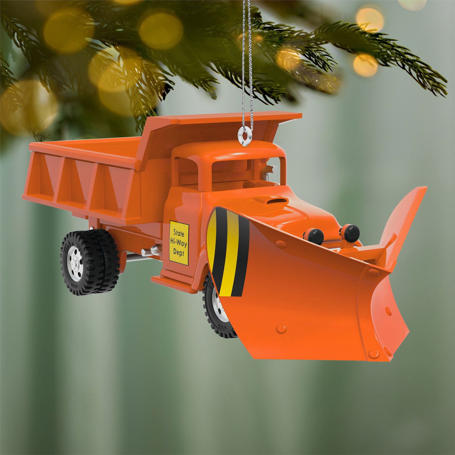 Orange Tonka Highway Dump Truck Keepsake Ornament hanging on tree image number 2
