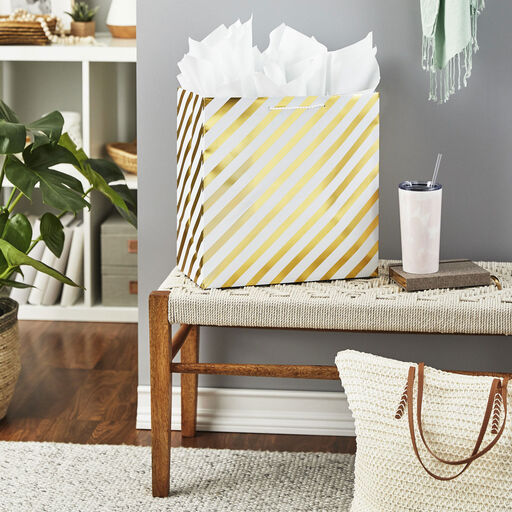 15" Gold and White Diagonal Stripes Extra-Deep Gift Bag, 
