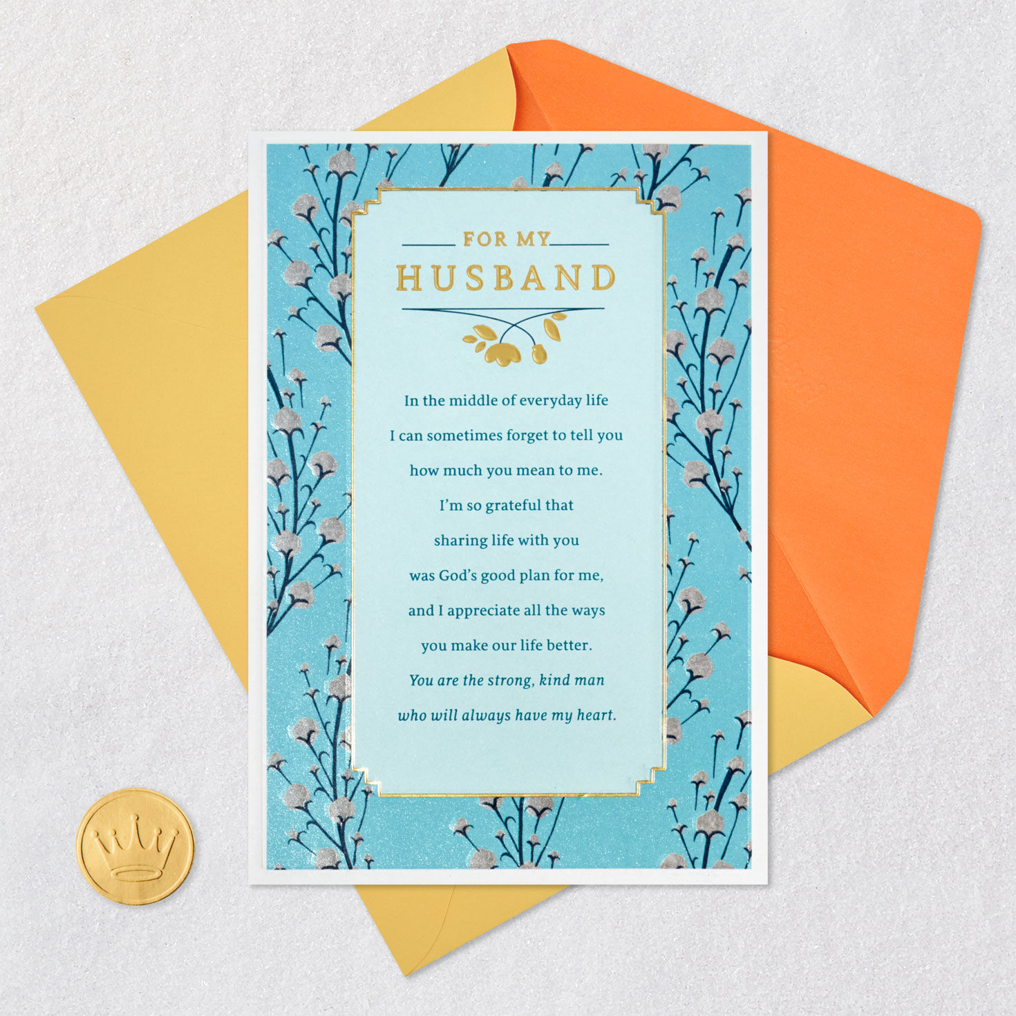 Pink Flowers on Blue Husband Easter Card Card Front with Envelope and Gold Seal image number 6