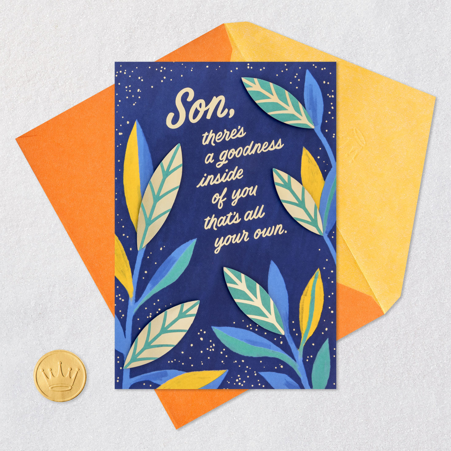 Tropical Leaves on Blue Son Birthday Card Card Front with Envelope and Gold Seal image number 6