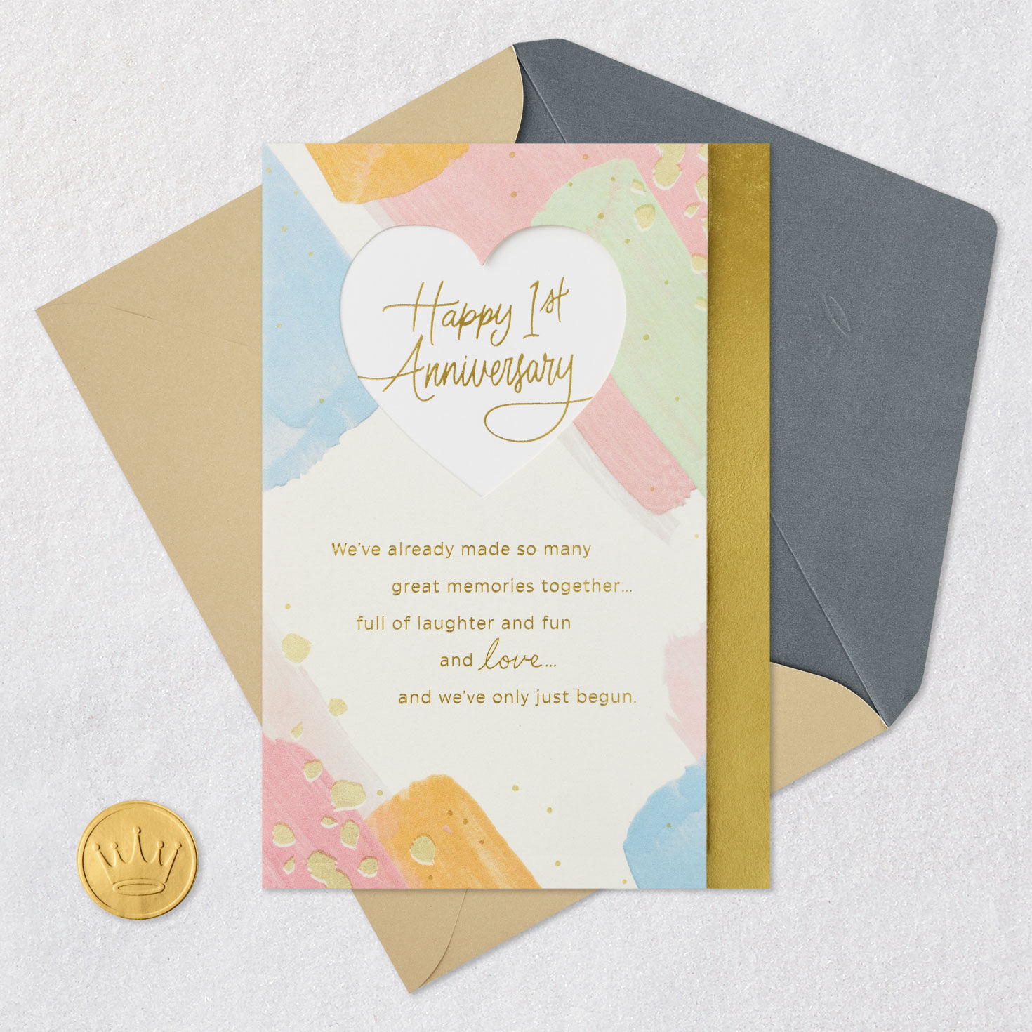 Heart and Pastels 1st Anniversary Card for Spouse Card Front with Envelope and Gold Seal image number 5