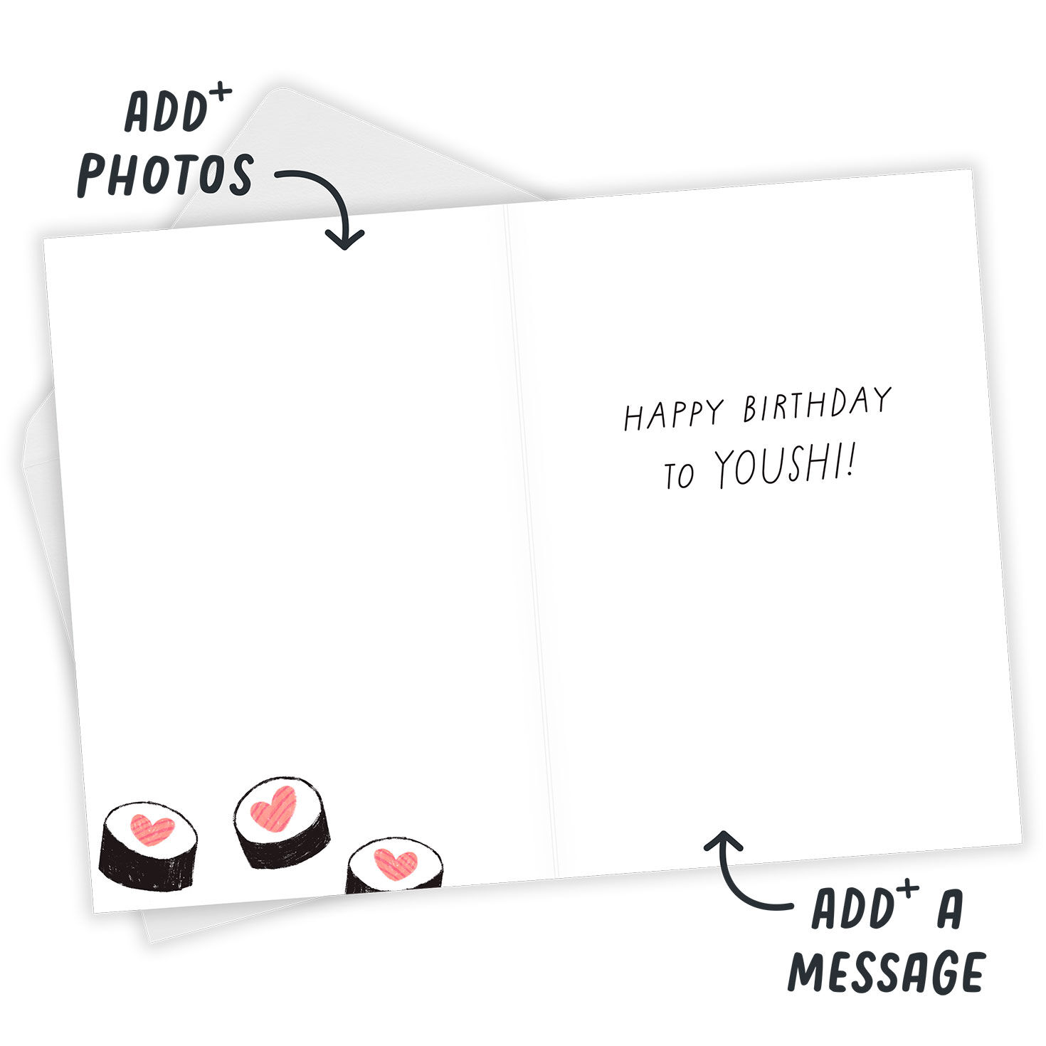 Fish and Heart Sushi Personalized Birthday Card Open Card with Envelope indicating personalization image number 3
