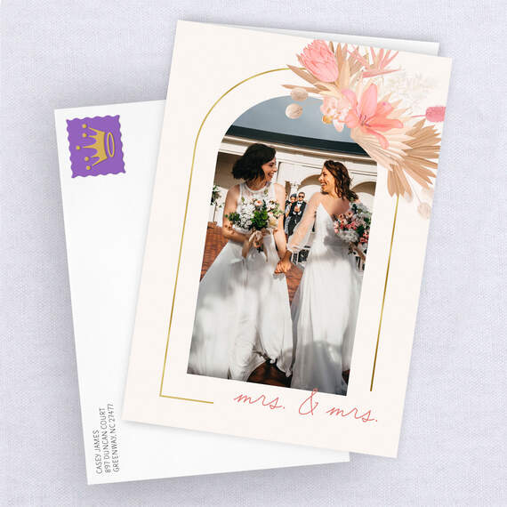 Gold Arch & Pink Flowers Folded Wedding Photo Card, , large image number 4