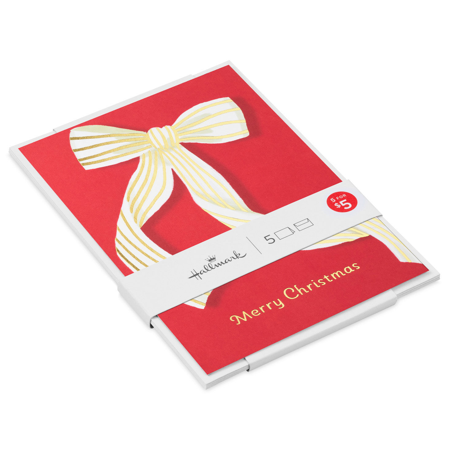 Ribbon Bow on Red Christmas Cards, Pack of 5