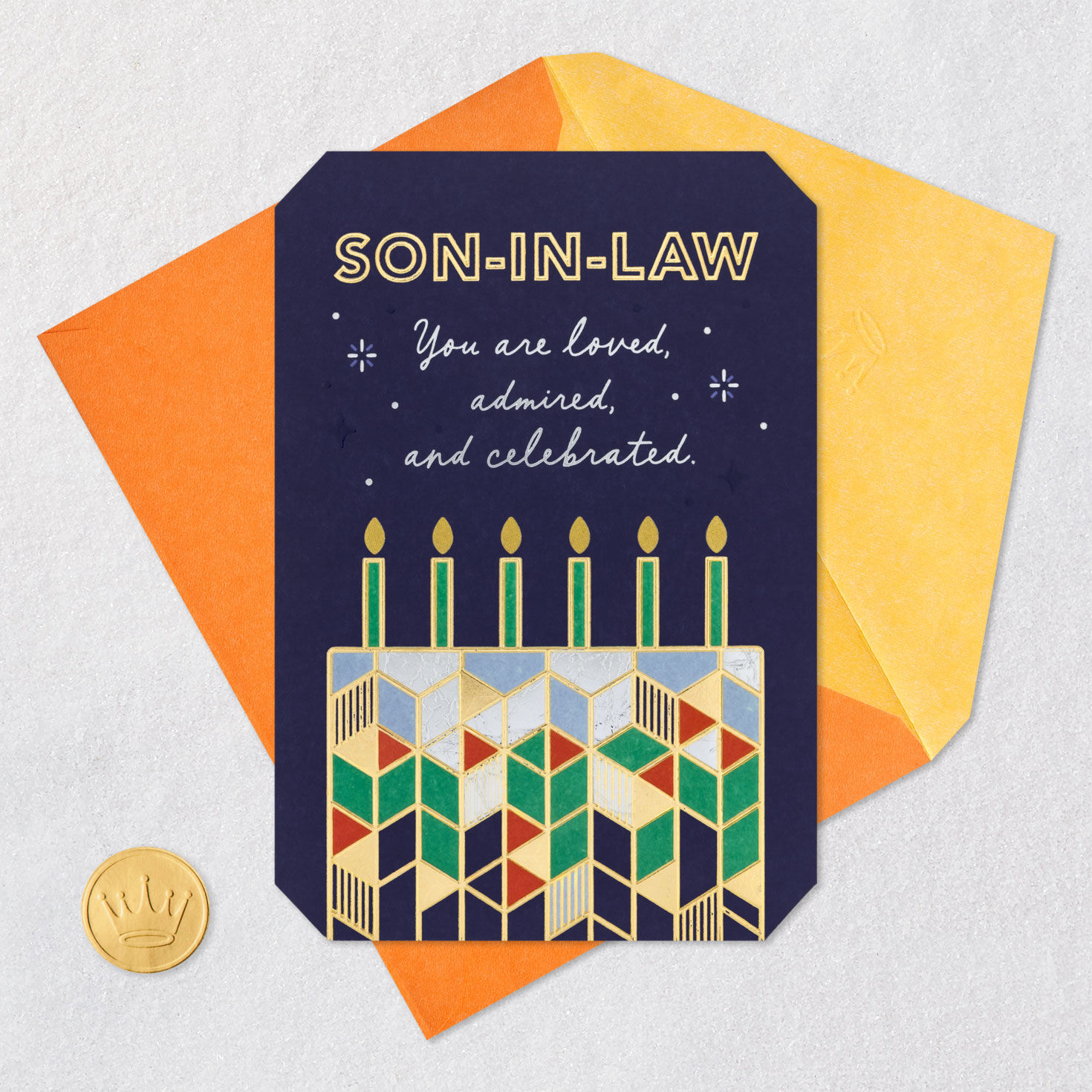 Geometric Orange and Green Cake on Navy Birthday Card Card Front with Envelope and Gold Seal image number 5