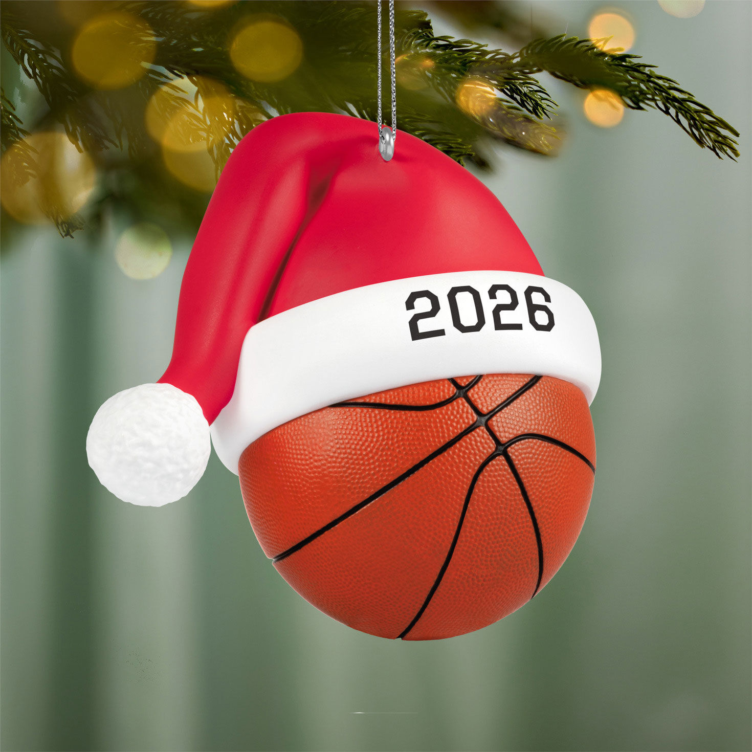 Basketball With Santa Hat 2026 Keepsake Ornament hanging on tree image number 2