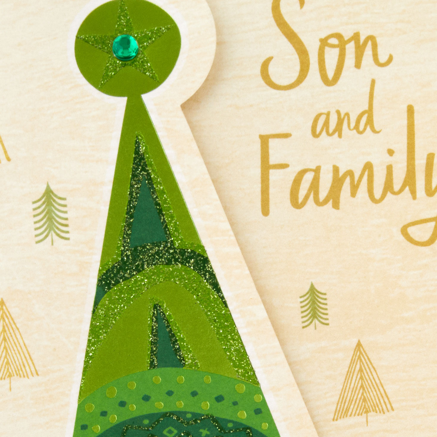 Green and Gold Trees Christmas Card for Son and Family Card Front Detail image number 6