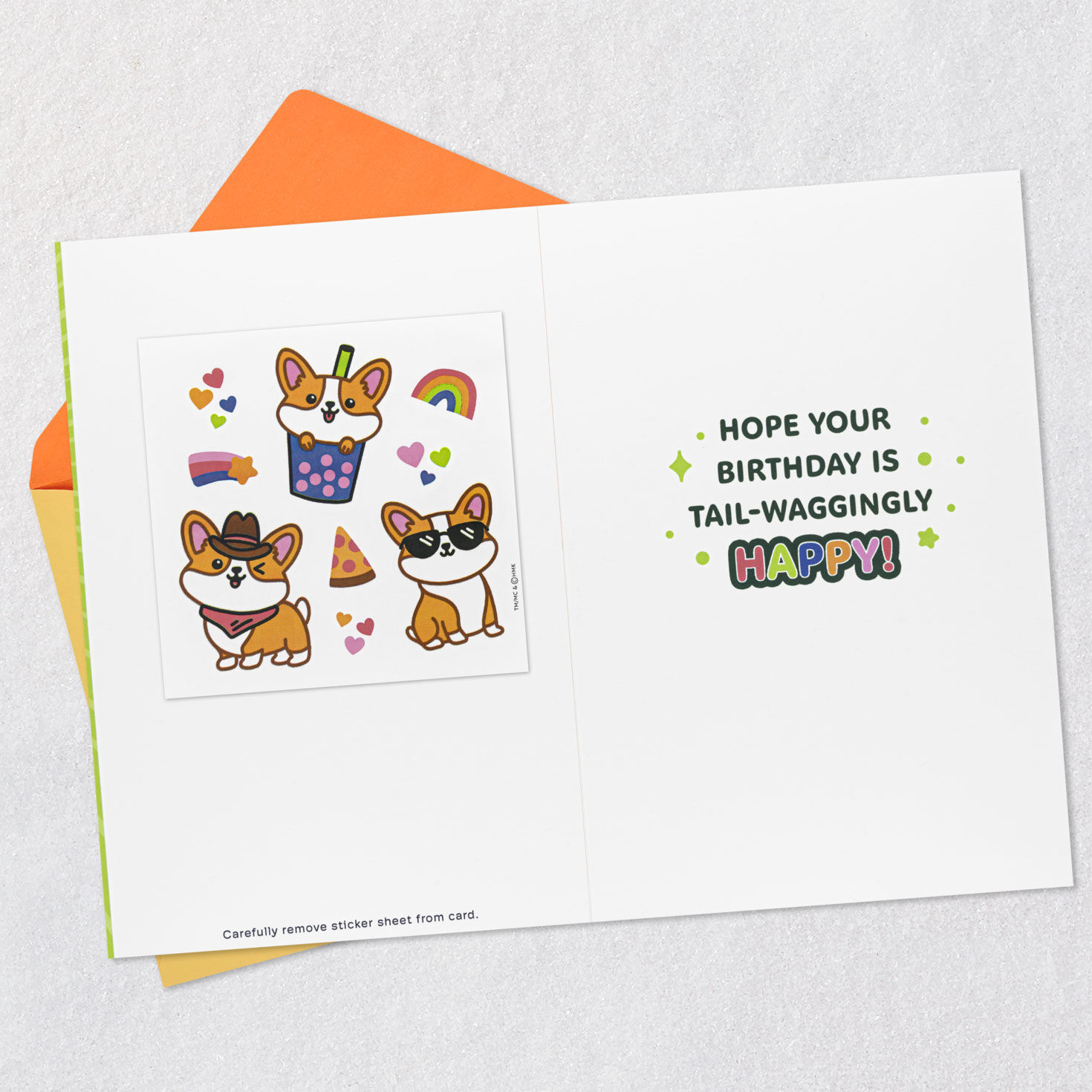 Corgi Dog in Party Hat Kids Birthday Card With Stickers Open card with envelope image number 3