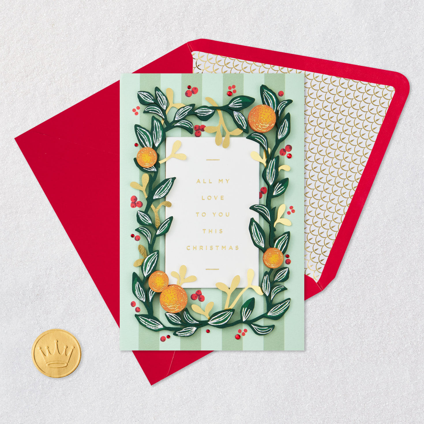 Botanical Greenery Romantic Christmas Card Card Front with Envelope and Gold Seal image number 5