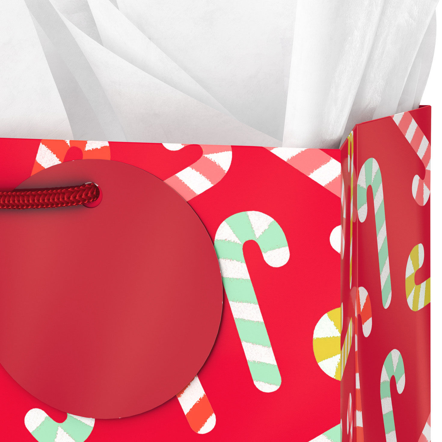 Candy Canes on Red Holiday Gift Bag with Tissue handle tag detail image number 4