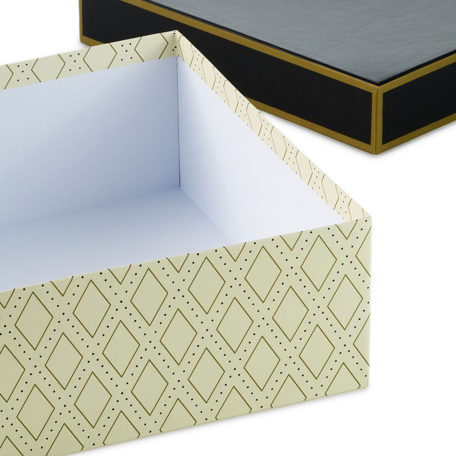 Large Square Gold and White Gift Box With Black Lid upclose view image number 5