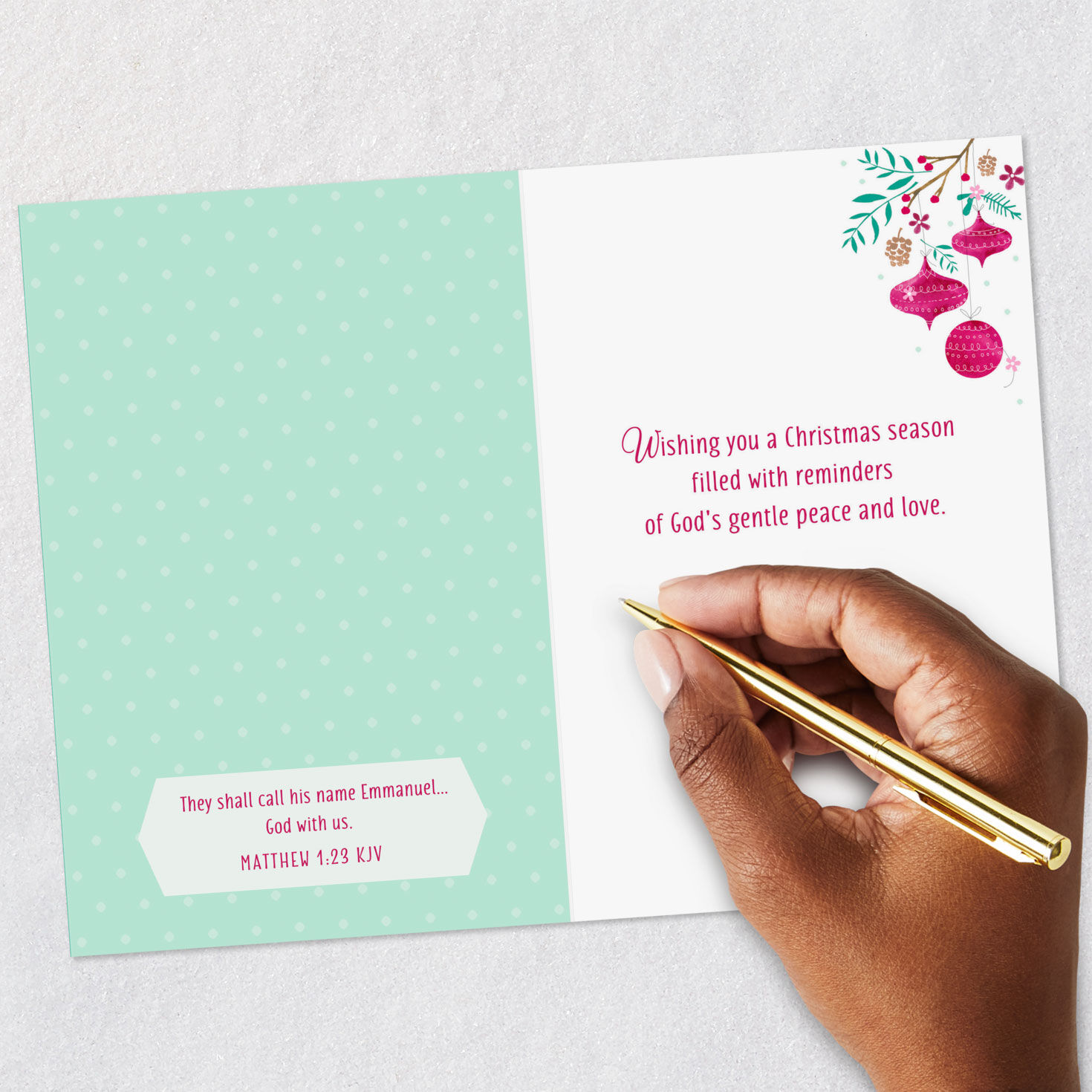 Dove with Pink Ornaments on Green Religious Christmas Card signing card image number 7