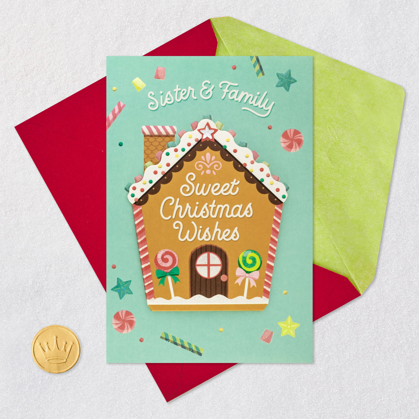 Gingerbread House Christmas Card for Sister and Family Card Front with Envelope and Gold Seal image number 6