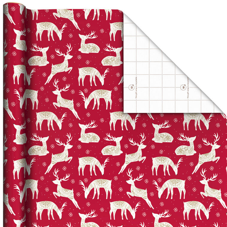Patterned Deer on Red Holiday Wrapping Paper Roll, 22.5 sq. ft.