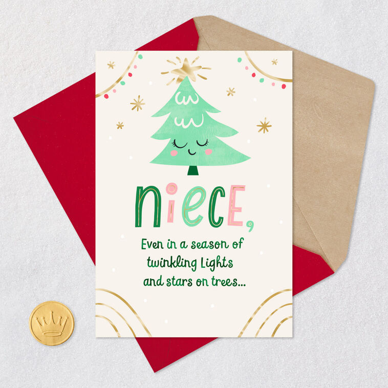 Smiling Cartoon Tree Niece Christmas Card Card Front with Envelope and Gold Seal image number 5