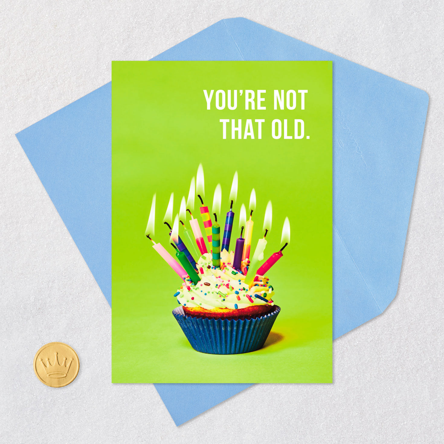 Cupcake Loaded With Candles Funny Birthday Card Card Front with Envelope and Gold Seal image number 5