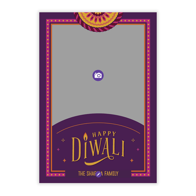 Purple Pink Patterns Personalized Diwali Photo Card Card Front indicating personalization image number 5