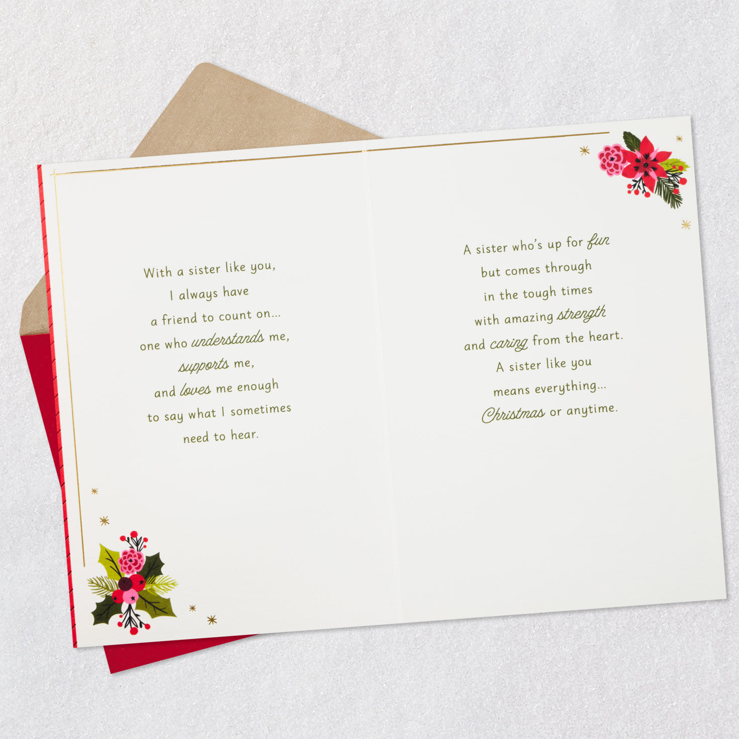 Red Floral Snowflake Christmas Card for Sister Open card with envelope image number 4