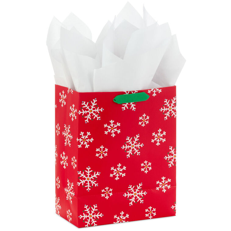 9.6" White Snowflakes on Red Medium Holiday Gift Bag With Tissue Paper, , large image number 6